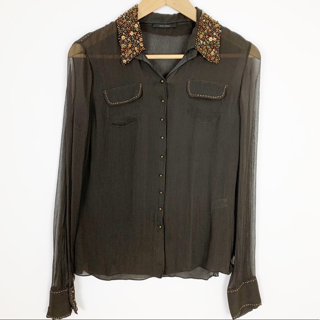 Elie Tahari Rhea Brown Silk Blouse Sequin Collar